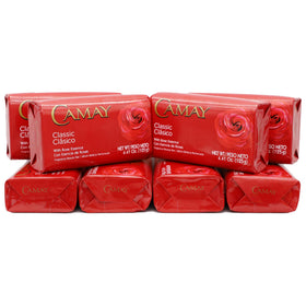 Camay front packaging showing eight-bar box and rose scent benefit
