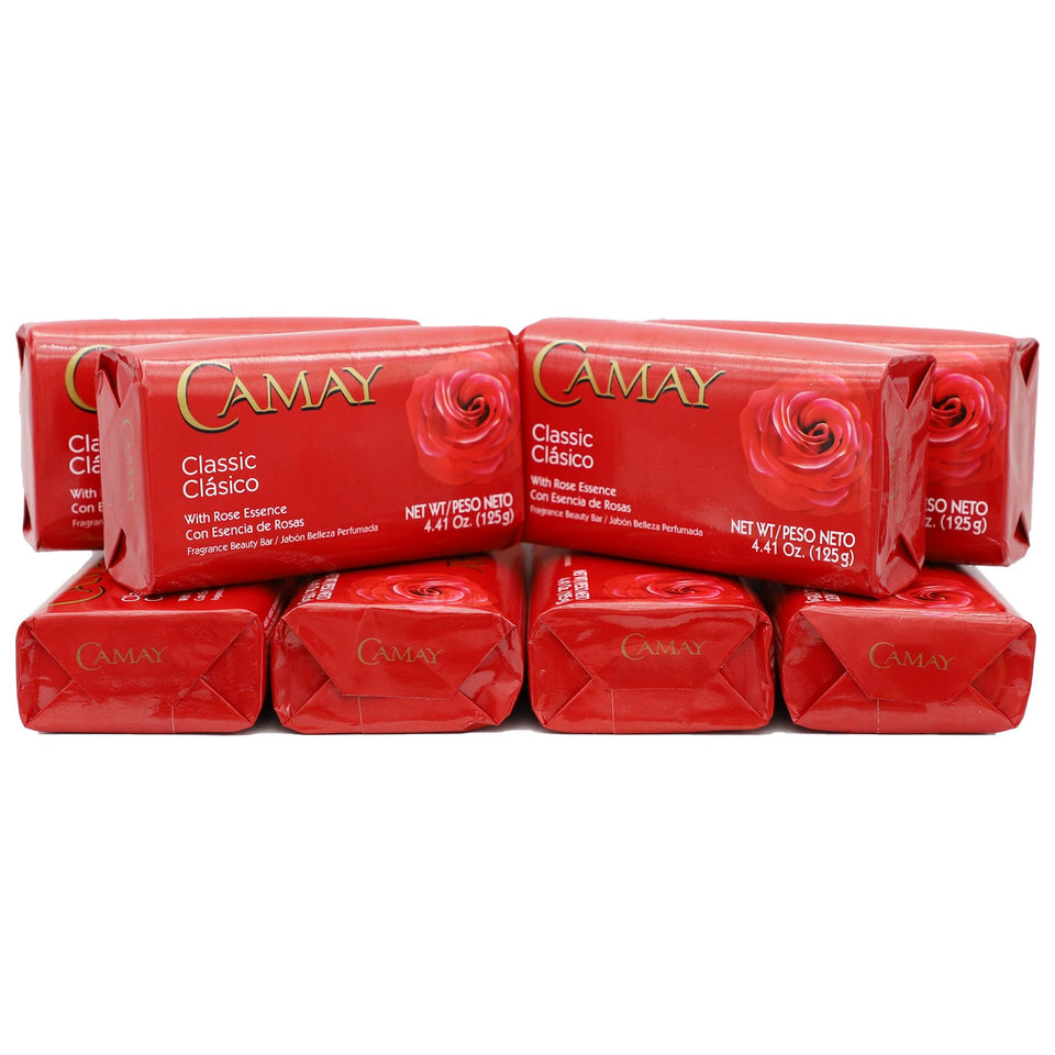 Camay front packaging showing eight-bar box and rose scent benefit