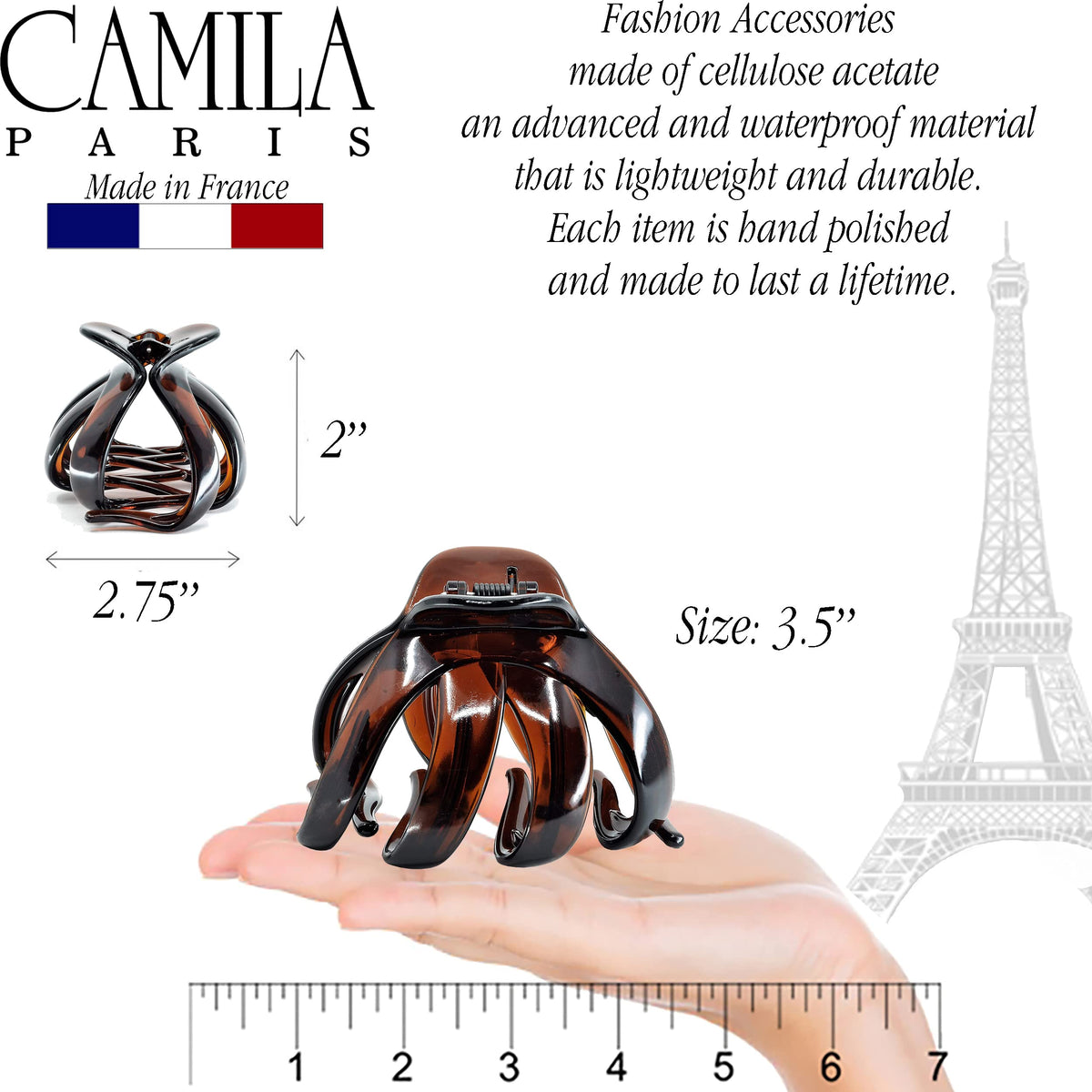 Camila Paris clip securing a high bun on long hair, no-slip all-day hold
