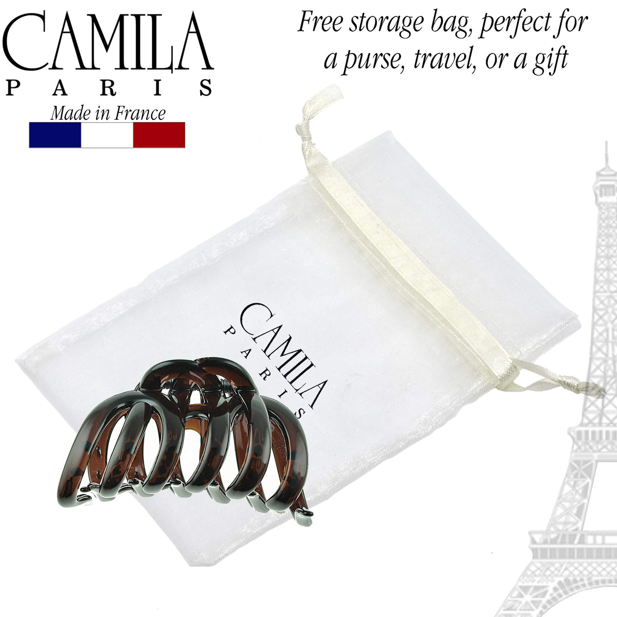 Camila Paris clip next to hand to show 3.5-inch size and capacity