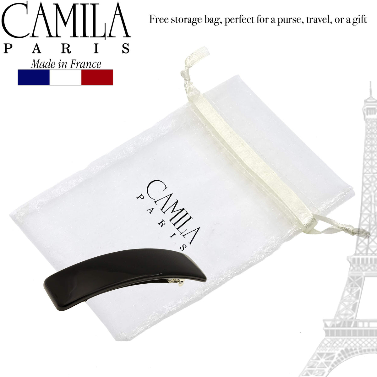 Camila Paris barrette held in hand for size comparison to show sturdy, durable feel