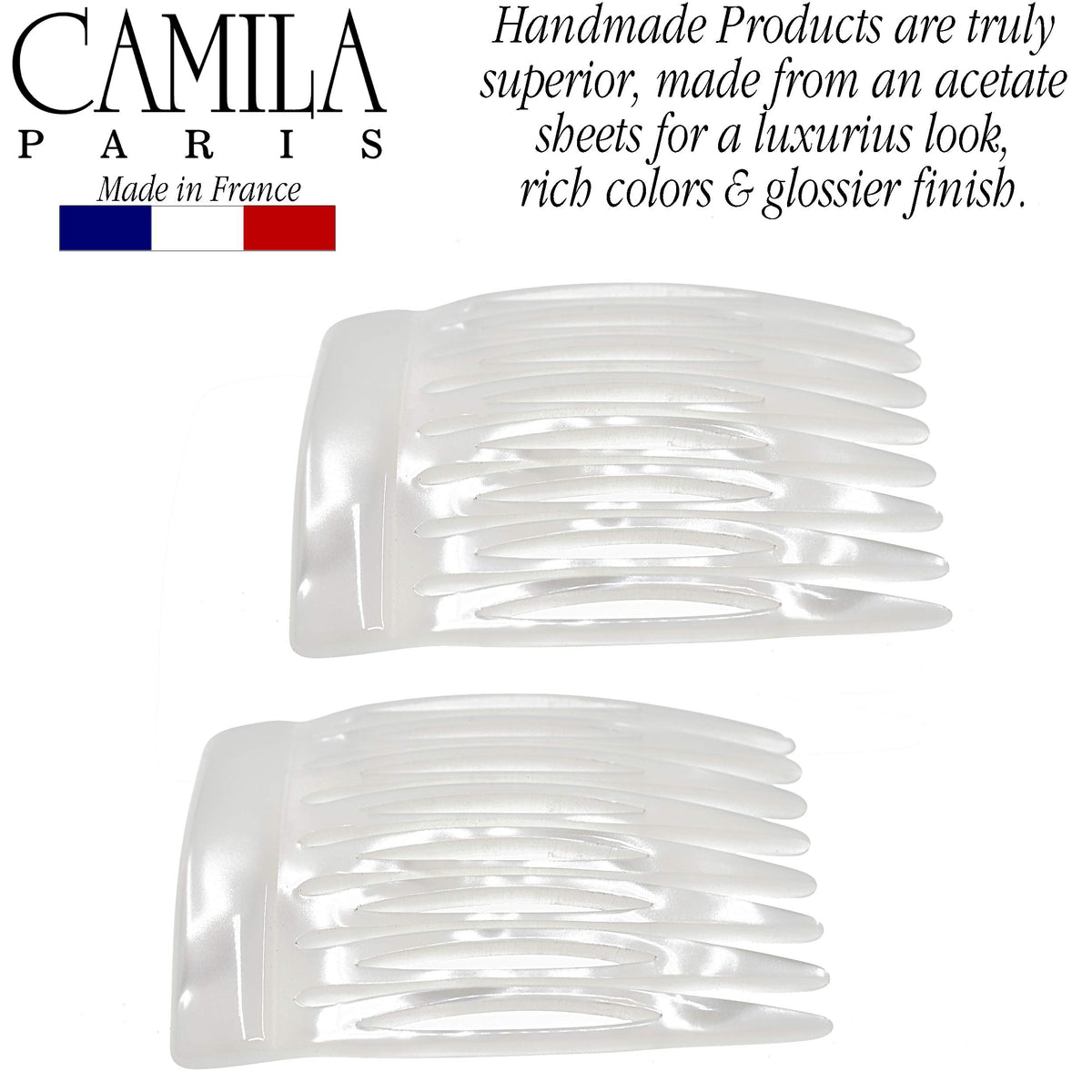 Camila Paris close-up showing handmade pearl sheen and glossy acetate offering luxury look