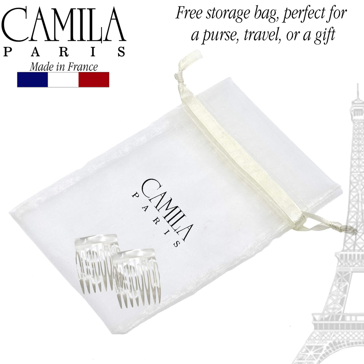 Camila Paris comb next to a coin for scale showing compact size and travel-friendly benefit