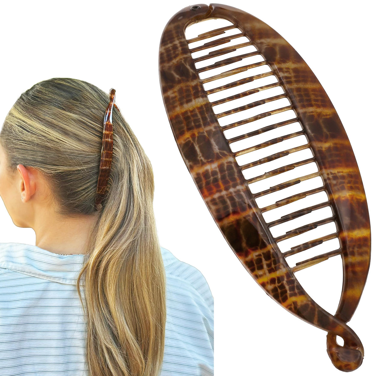 Camila Paris front view showing large banana clip with secure hold