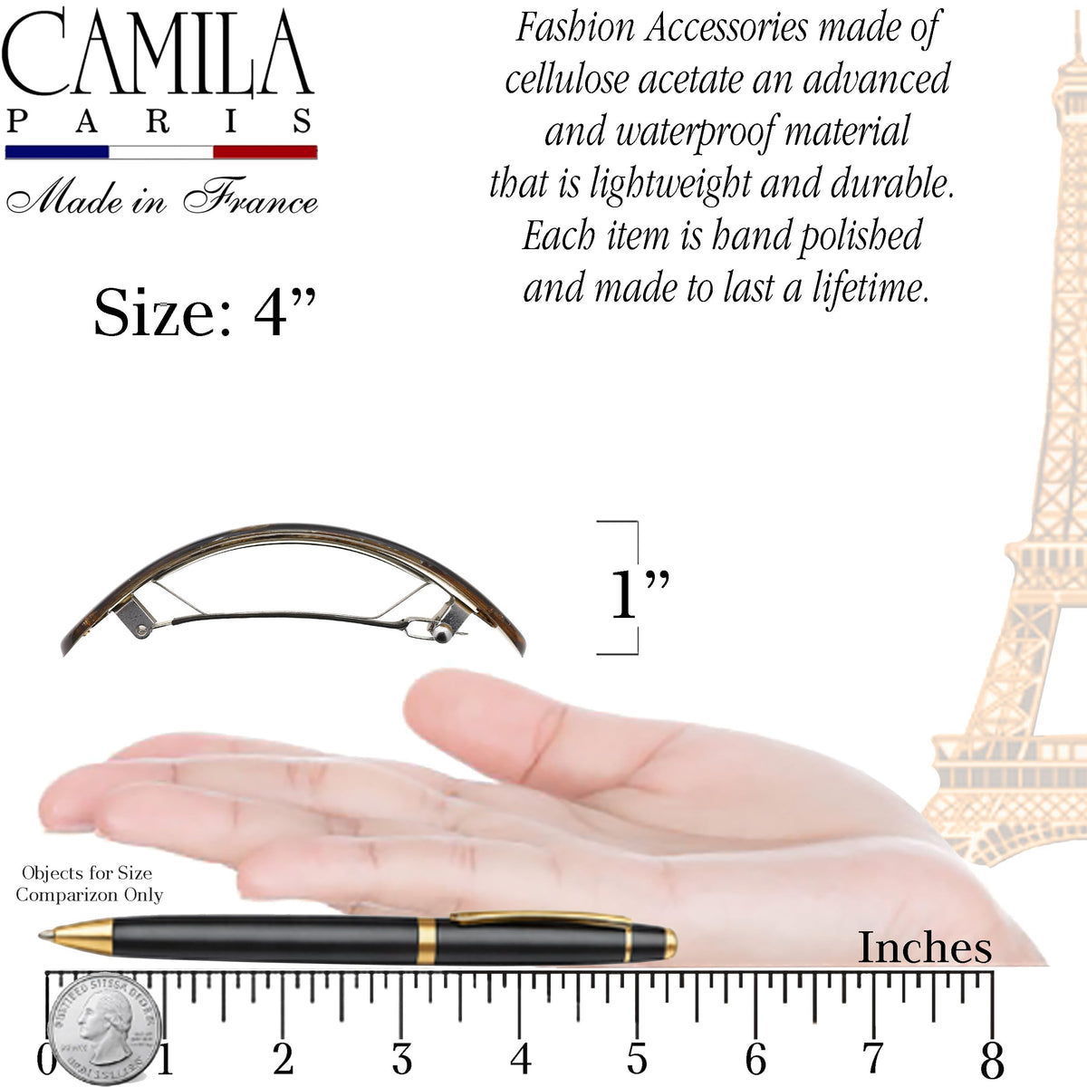 Camila side profile displaying barrette thickness and sturdy construction for volume control