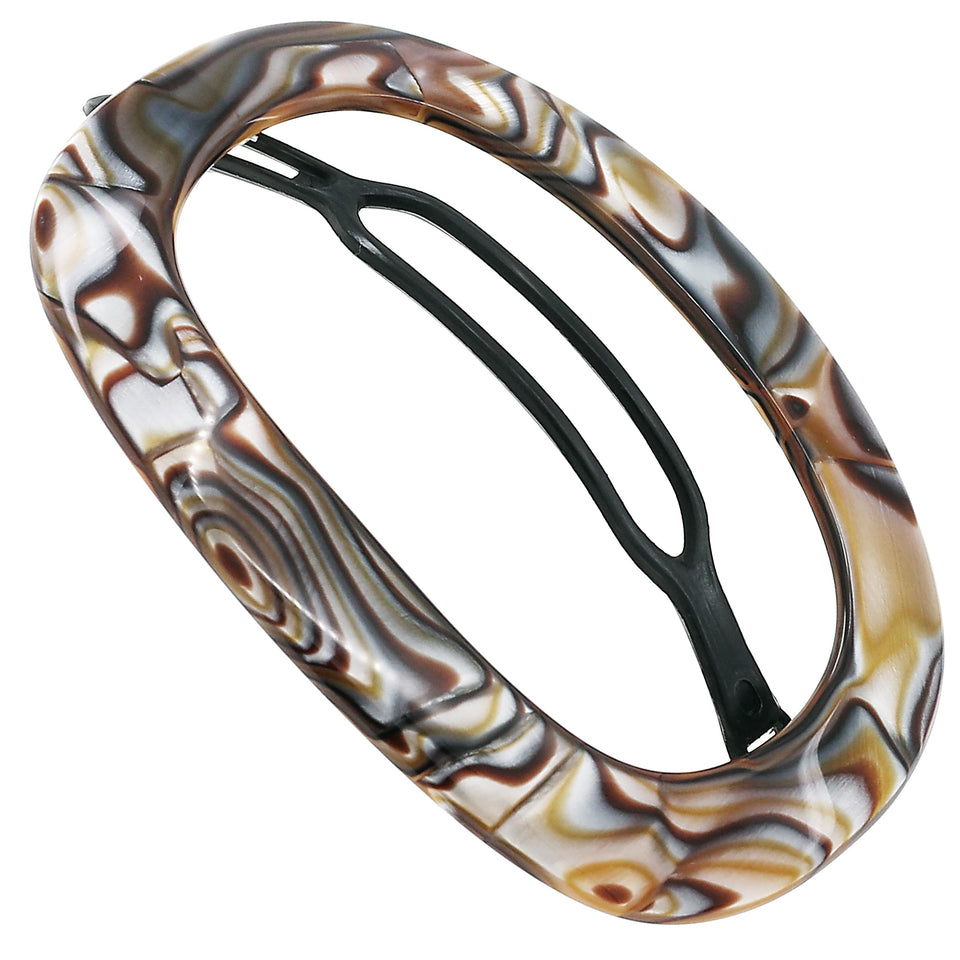 Camila Paris front view of onyx barrette showing sleek shine and polished benefit