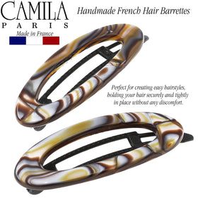Camila Paris barrette in dark hair demonstrating a no-slip side slide benefit