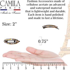 Camila Paris side profile showing the metal-free plastic locking clasp for secure hold