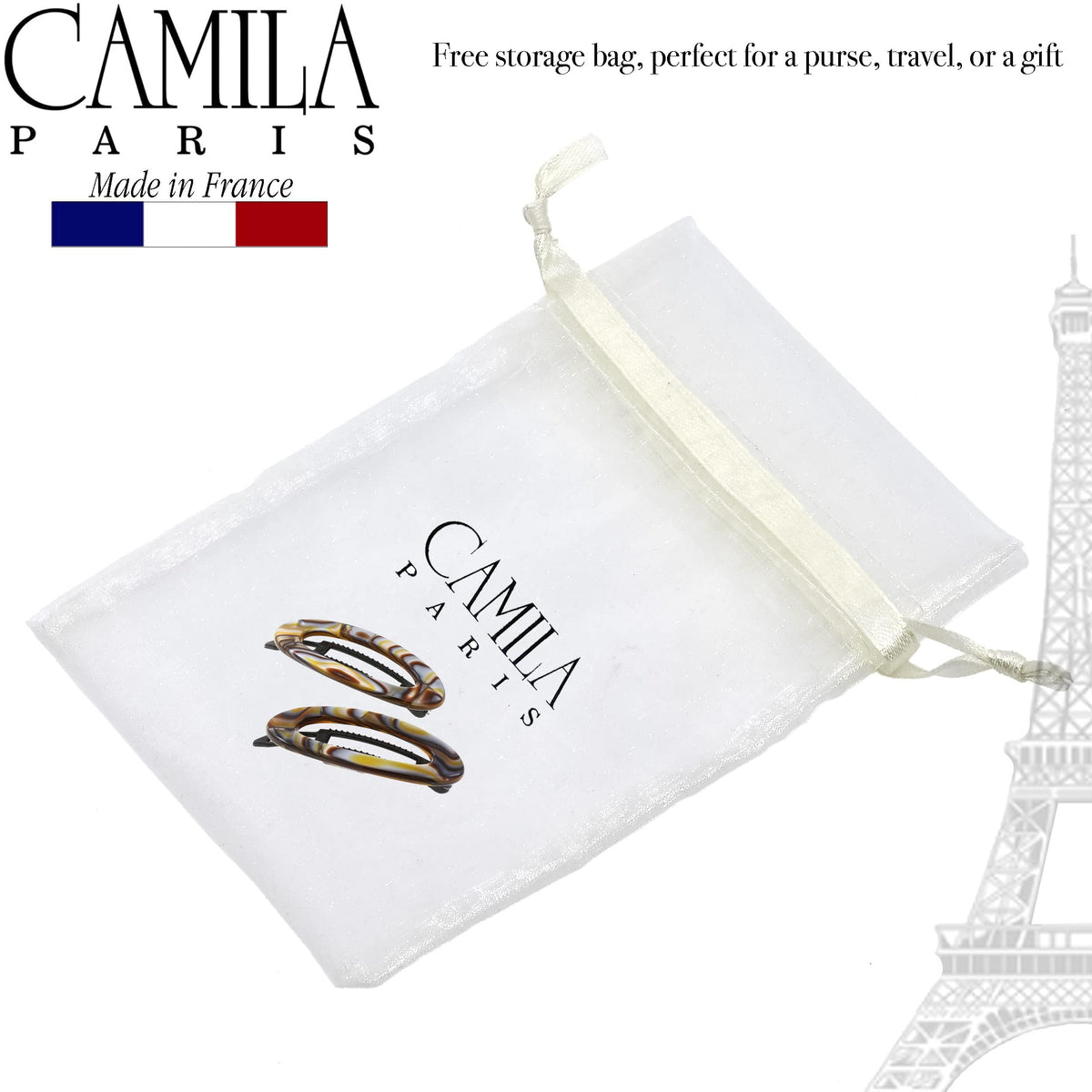 Camila Paris label close-up reading handmade in France, signaling artisan quality