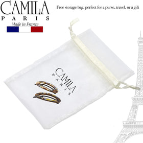 Camila Paris label close-up reading handmade in France, signaling artisan quality