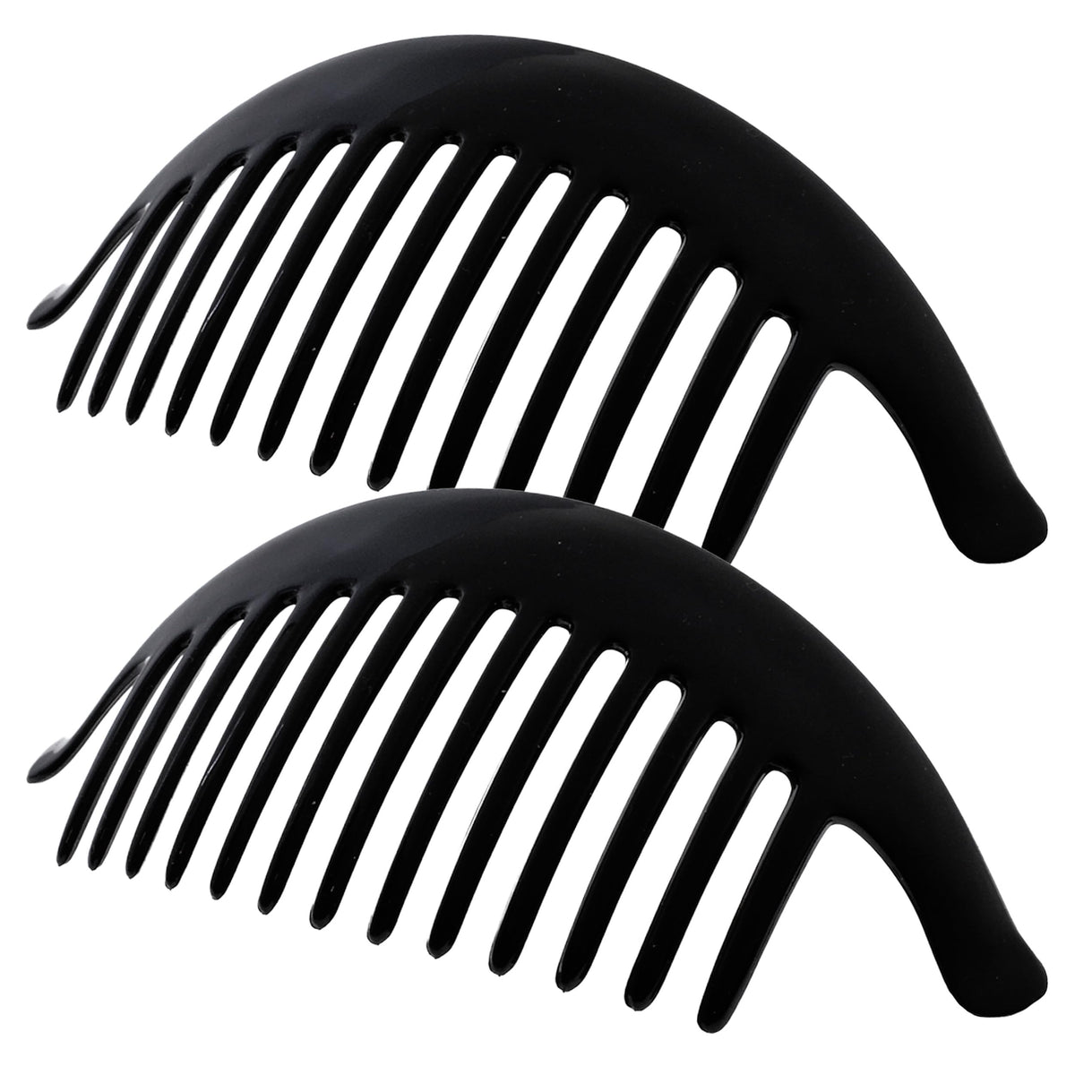 Camila Paris front view of two black interlocking combs for reliable hold