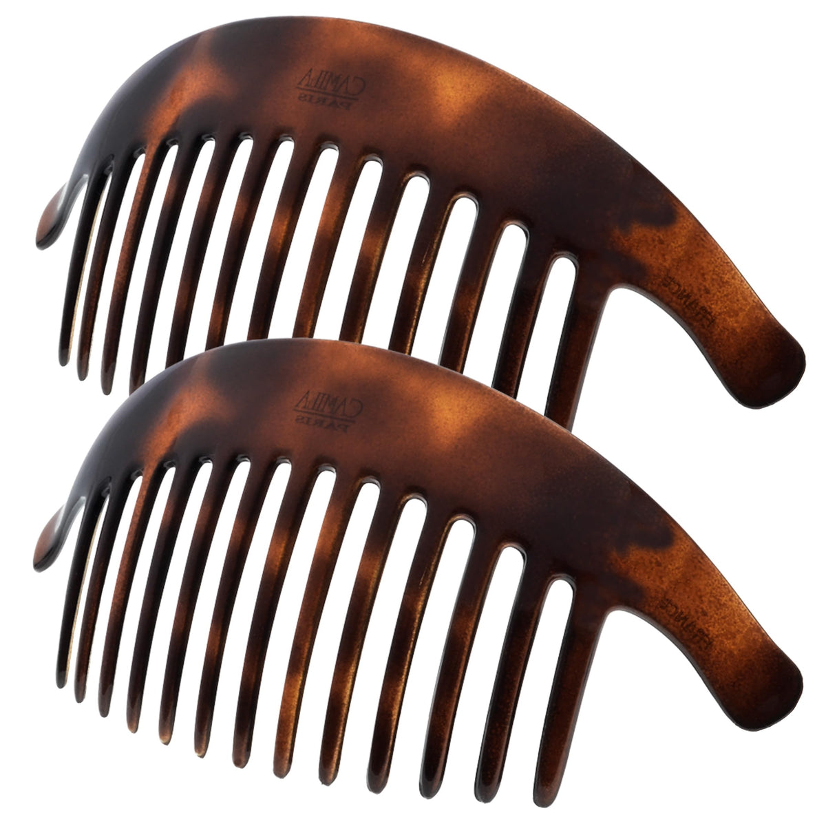 Camila Paris front view tortoise-shell combs showing elegant finish and secure hold
