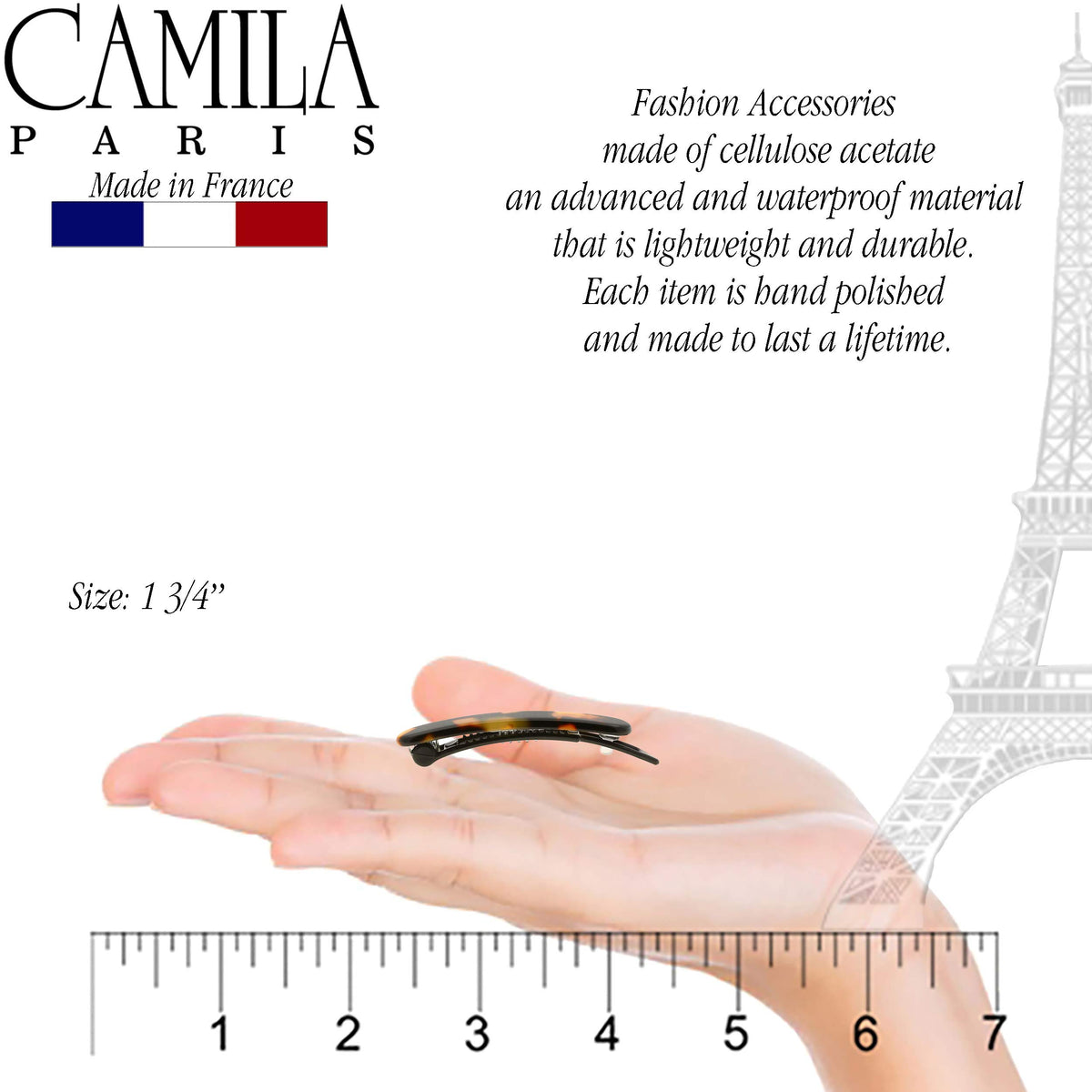 Camila Paris barrette in hair as side slide offering no-slip styling