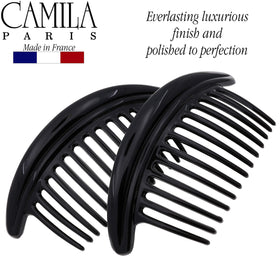 Camila Paris combs in use securing an elegant French twist for refined styling
