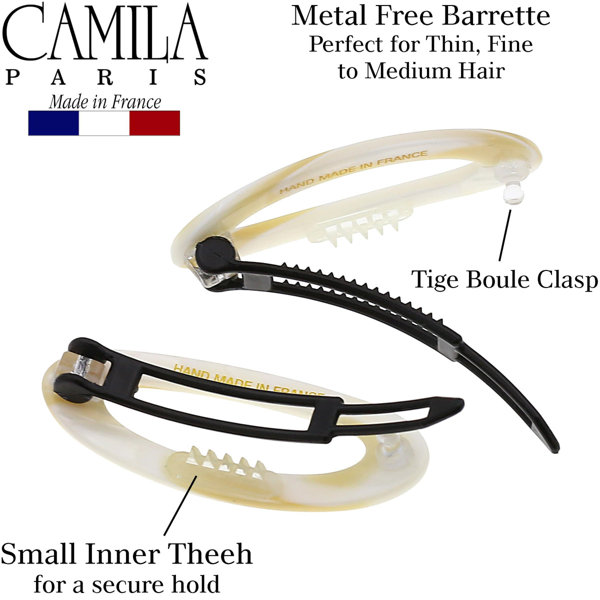 Camila Paris barrette in use holding half-up hairstyle for tidy everyday styling