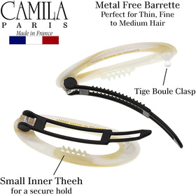 Camila Paris barrette in use holding half-up hairstyle for tidy everyday styling