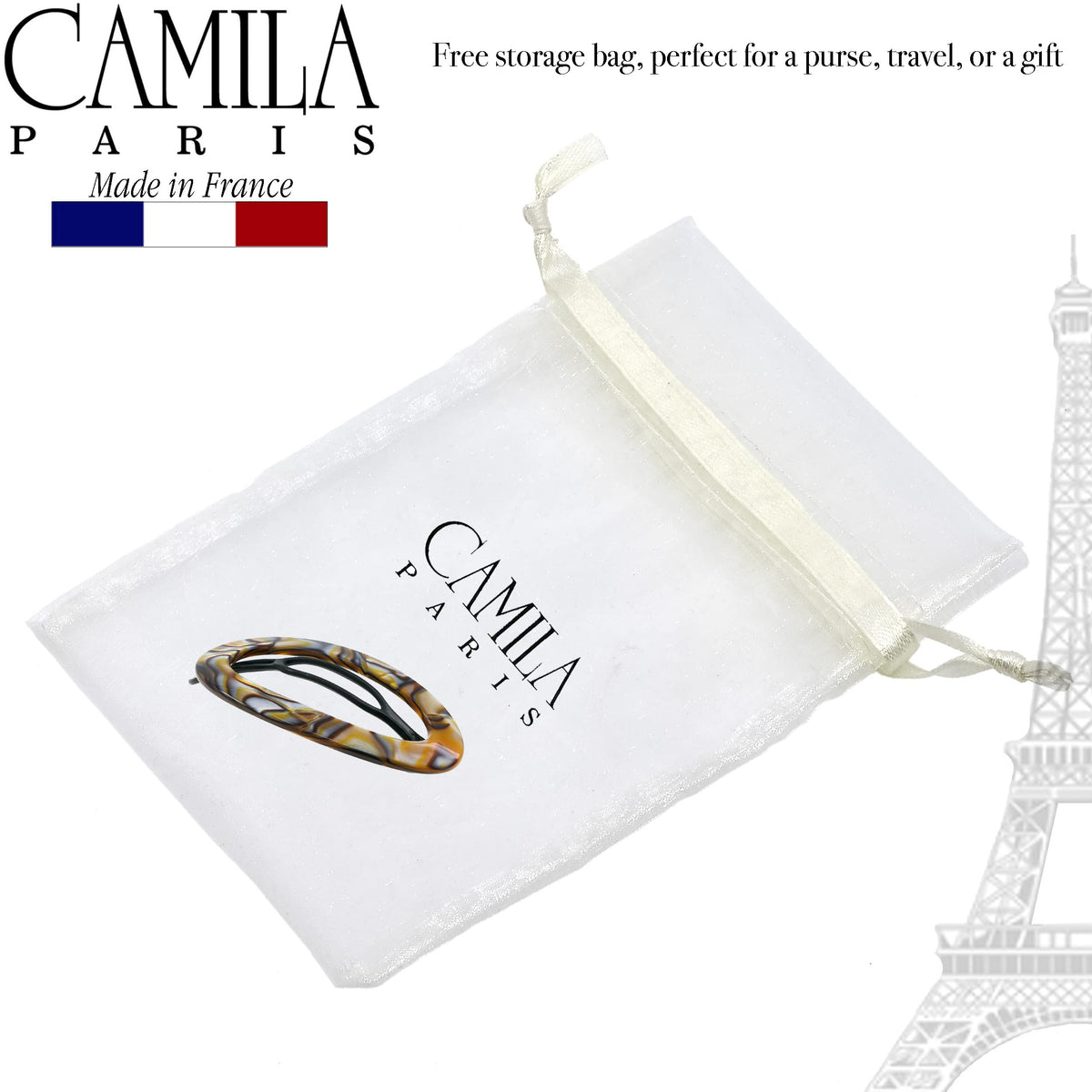 Camila Paris label closeup showing Made in France craftsmanship and premium quality