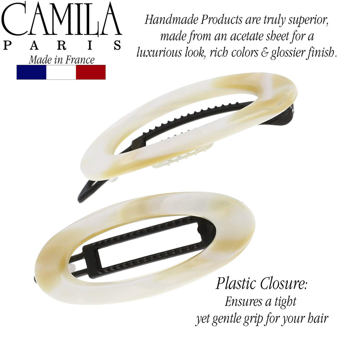 Camila Paris lifestyle image of woman wearing beige barrette for refined look