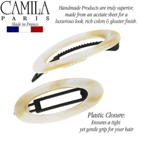 Camila Paris lifestyle image of woman wearing beige barrette for refined look