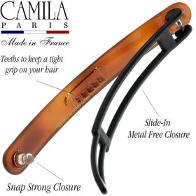 Camila Paris non-metal snap mechanism detailed view showing secure no-slip grip