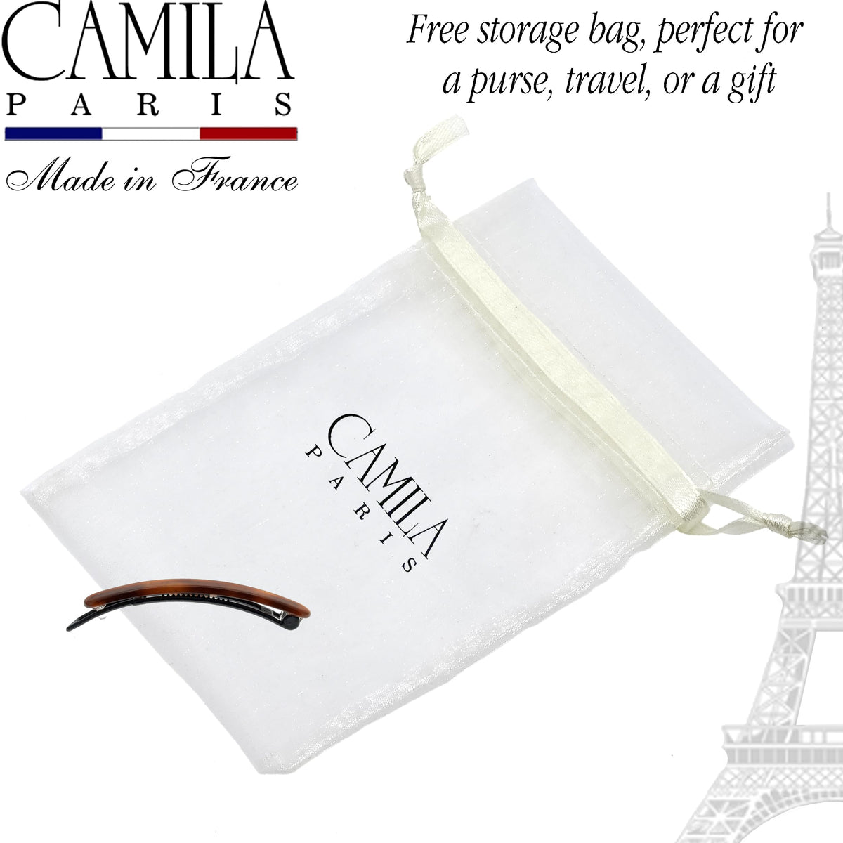 Camila Paris barrette held in hand to show actual 2.5 inch scale and portability