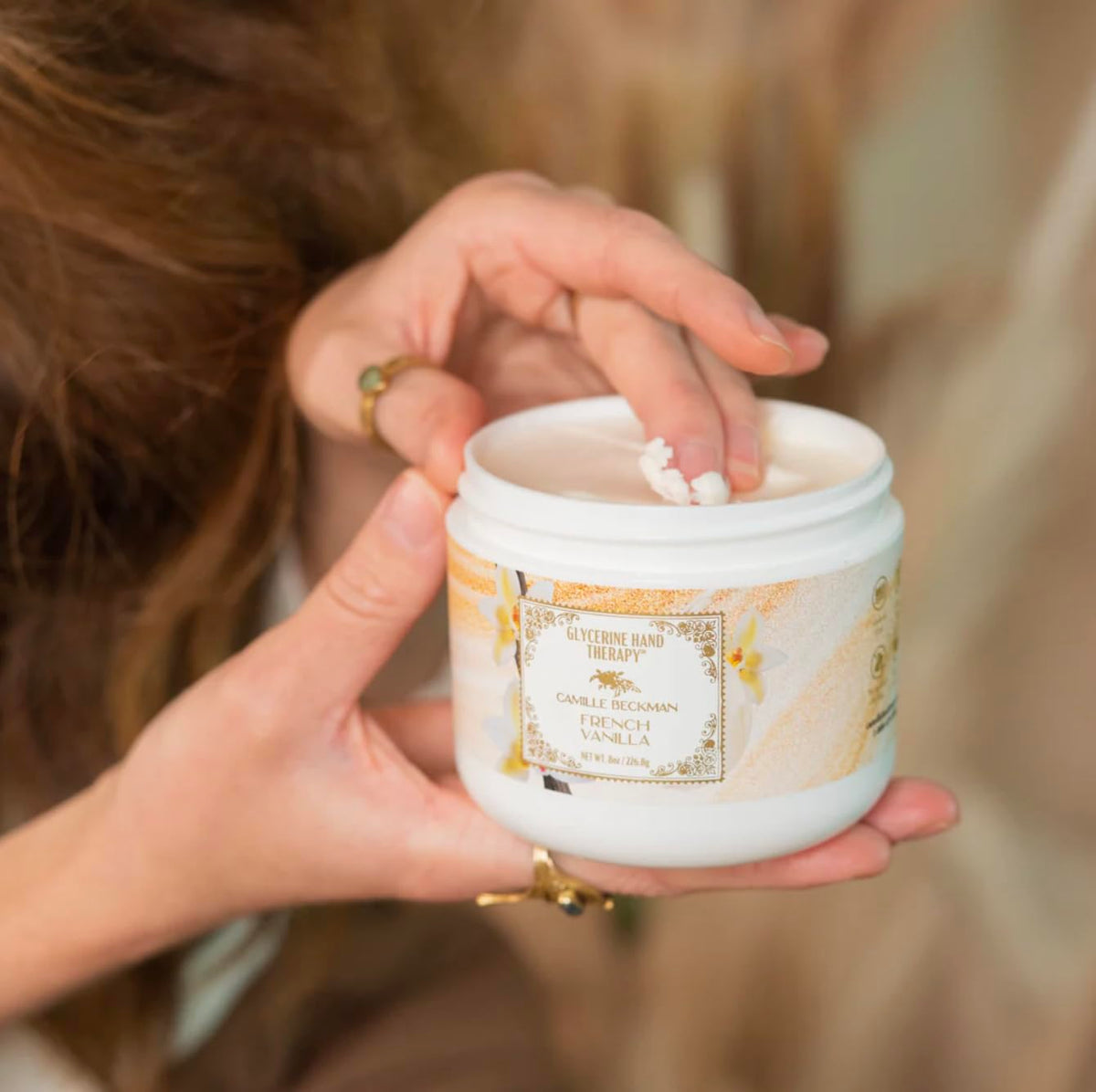 Camille Beckman creamy texture close-up highlighting smooth glycerin-rich hydration