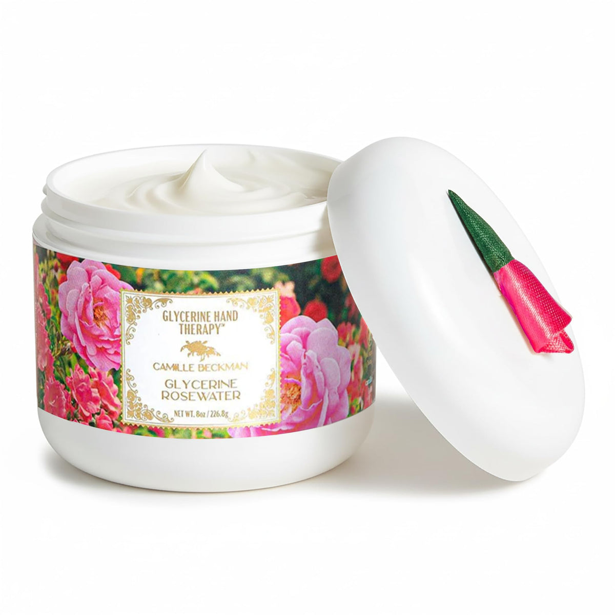Camille Beckman jar front view showing elegant packaging and rosewater scent benefit