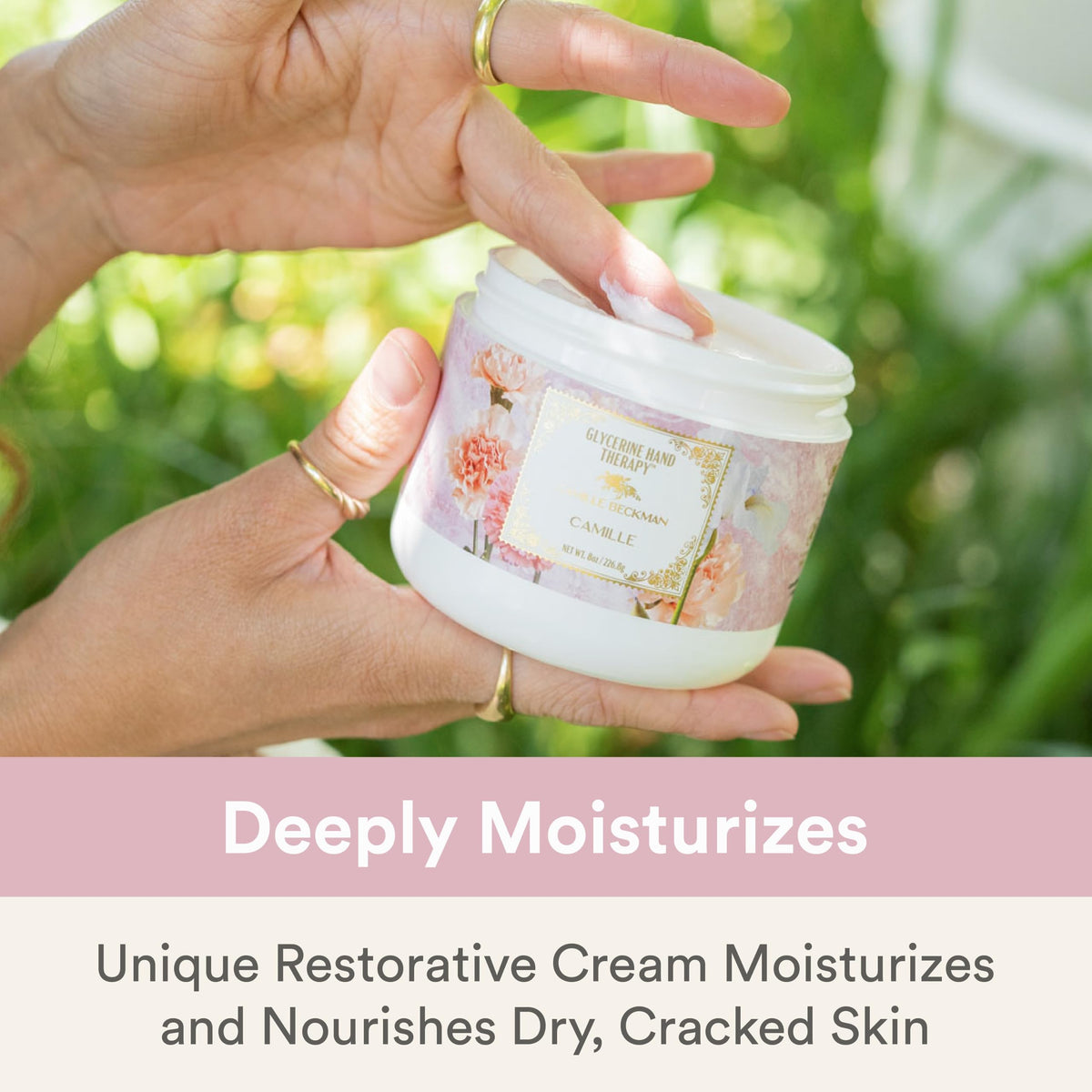 Applying Camille Beckman cream to hands demonstrating fast absorption benefit