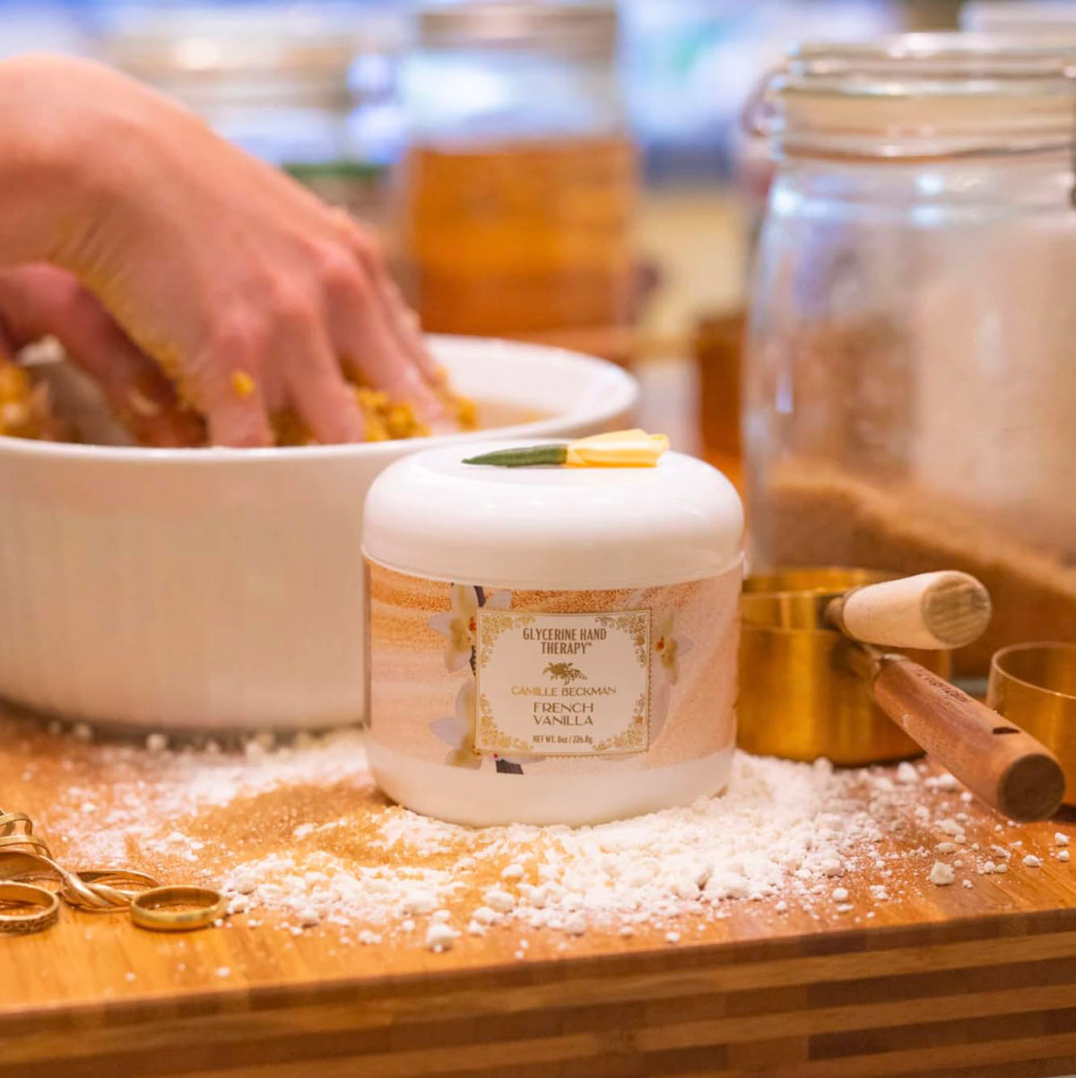 Camille Beckman jar next to ruler showing 8 oz size for long-lasting hand care