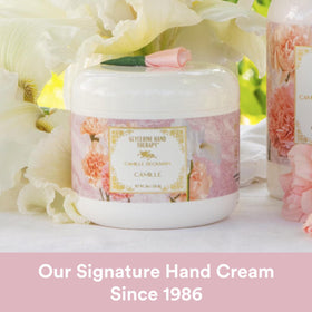 Jar on bathroom counter in lifestyle scene showing Camille Beckman luxury ritual benefit
