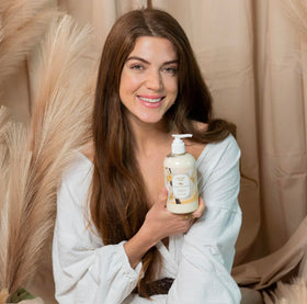 Camille Beckman jar on bathroom shelf in lifestyle scene suggests daily routine