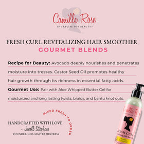 Camille Rose label close-up listing avocado, castor oil, and wheat protein benefits