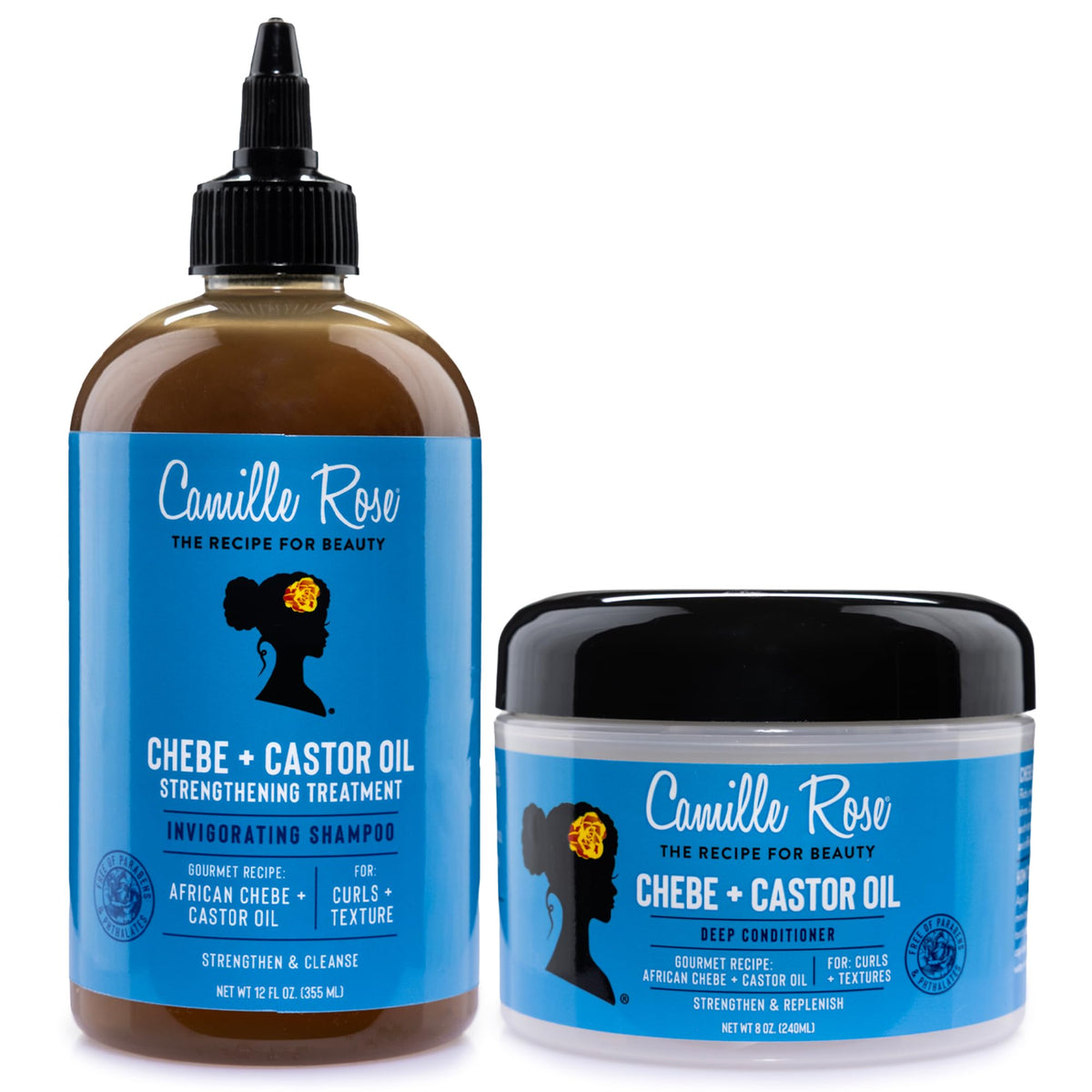 Camille Rose front packaging showing Chebe and castor set benefit: restorative moisture