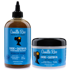 Camille Rose front packaging showing Chebe and castor set benefit: restorative moisture