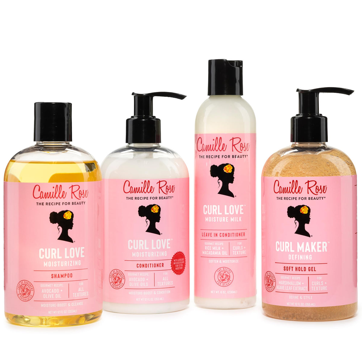 Camille Rose styling scene in bathroom showing products used in real curl routine