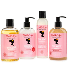 Camille Rose styling scene in bathroom showing products used in real curl routine
