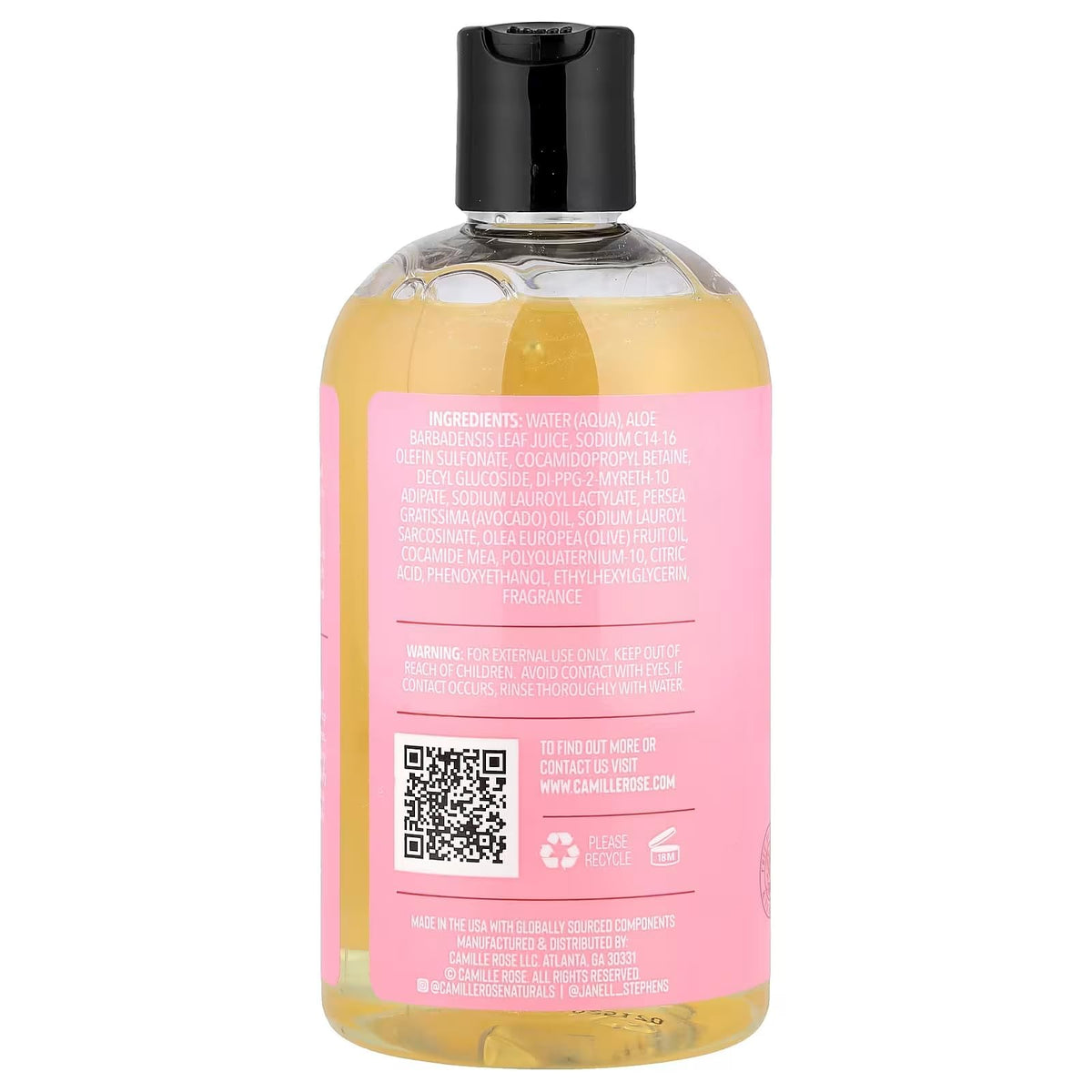 Camille Rose shampoo pour close-up highlighting olive and avocado hydration