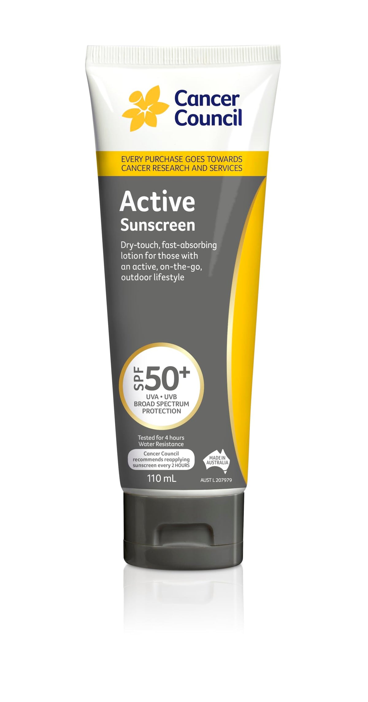 Cancer Council Active 110ml front tube showing label and SPF 50+ protection for outdoor use