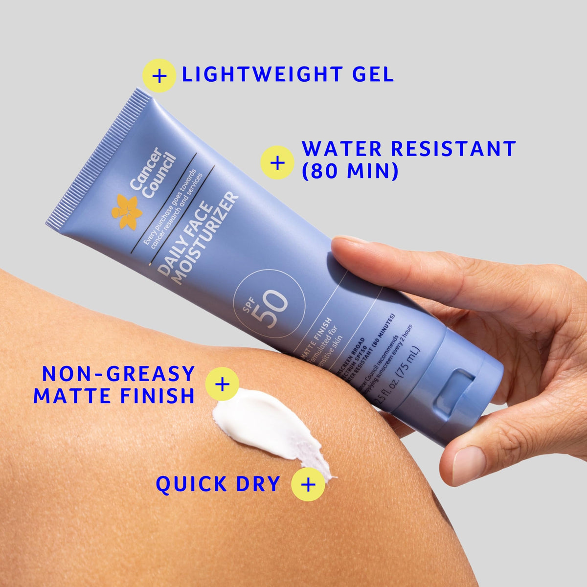 Cancer Council product dispensed on hand demonstrating easy blendability