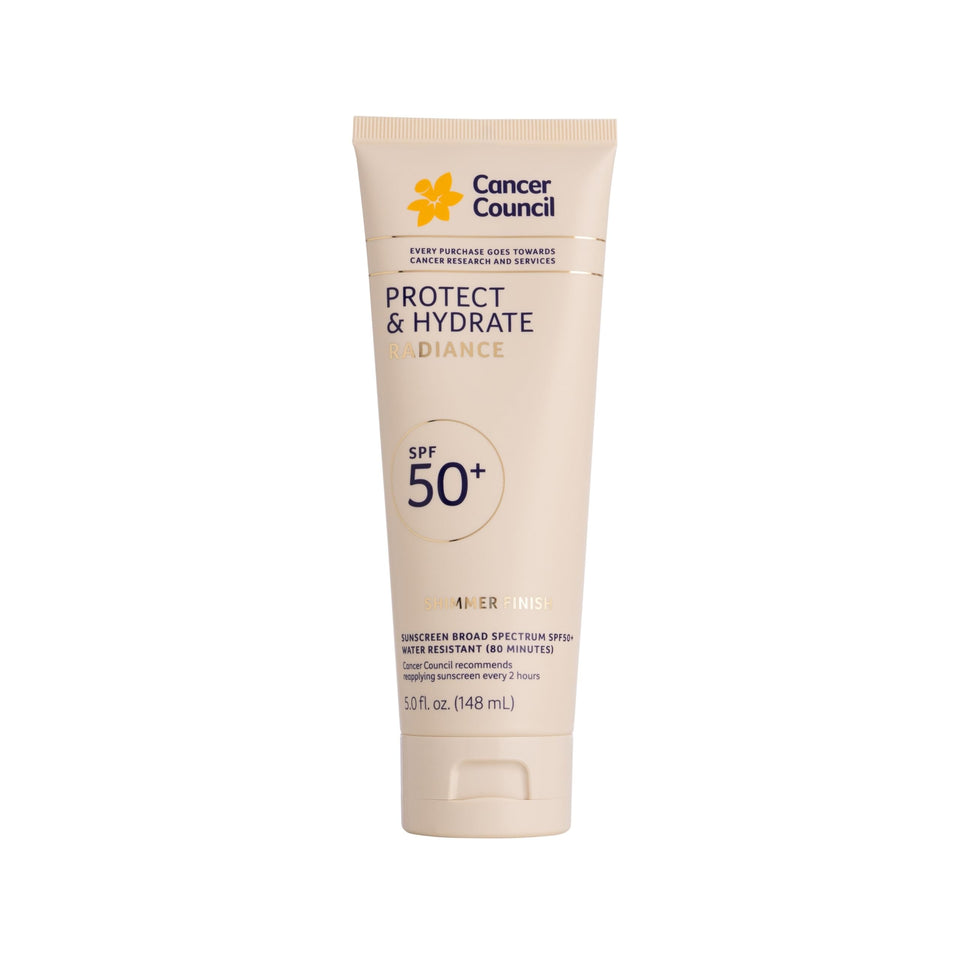 Cancer Council front packaging showing SPF50 protection and shimmer finish