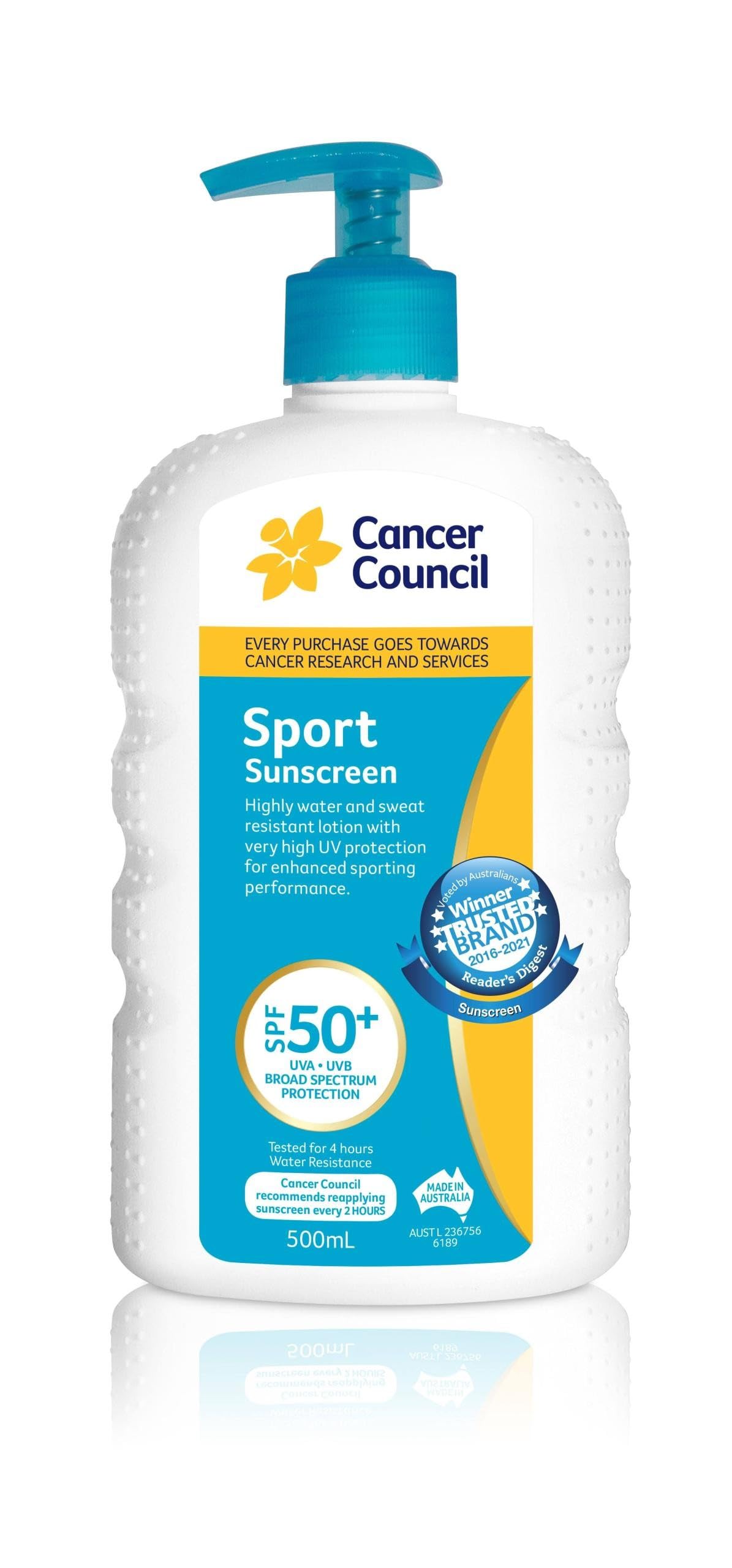 Cancer Council front pump bottle showing size and easy dispensing for active protection