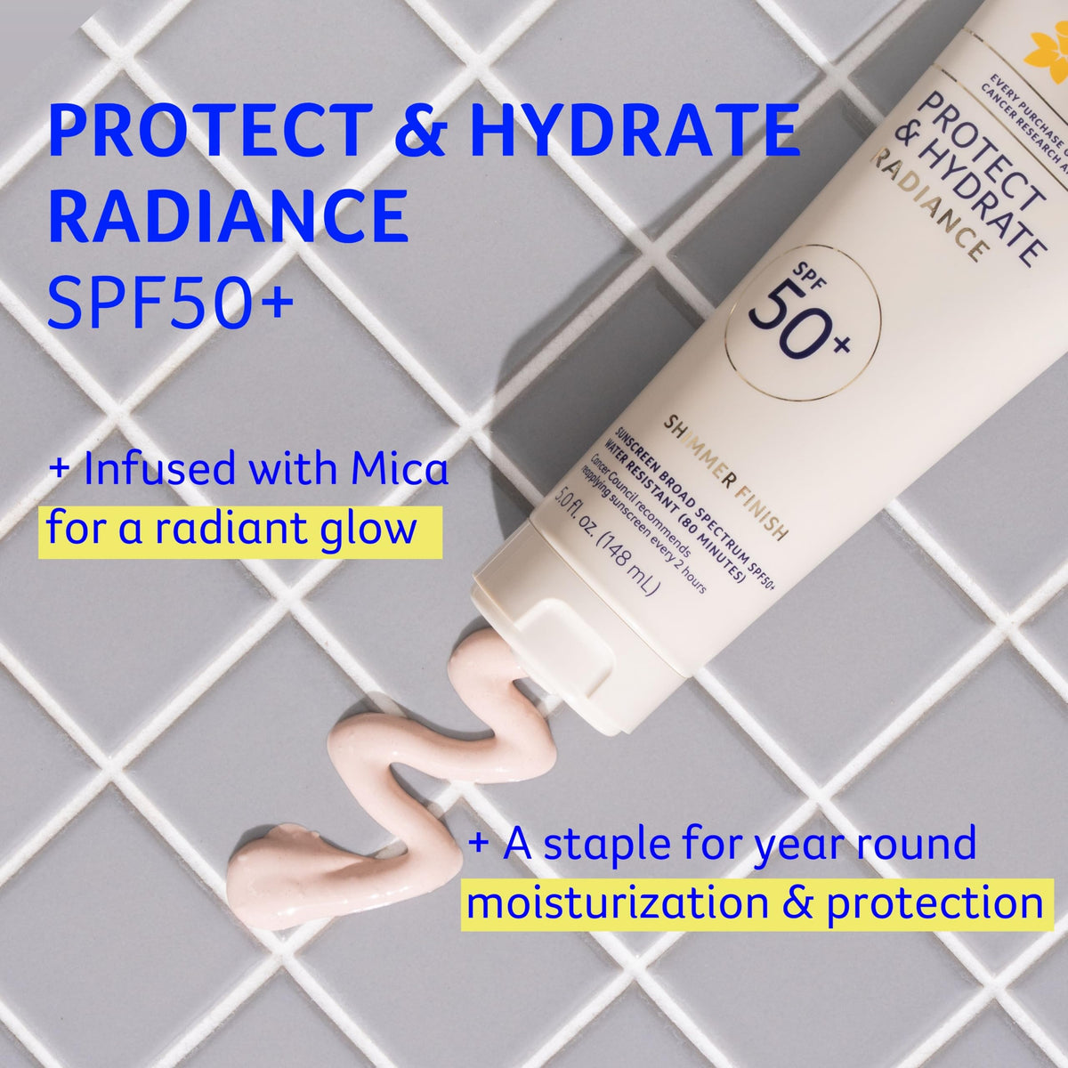 Cancer Council lotion texture close-up showing hydrating, fast-absorbing formula