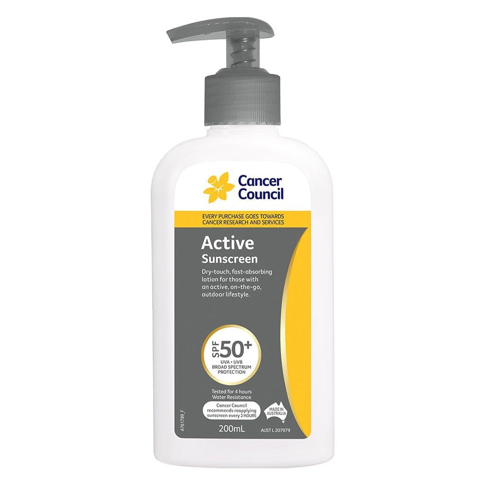 Cancer Council pump bottle front view showing label, clear dosing for work shifts