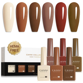 CANNI front packaging showing six brown nude gel bottles and benefits