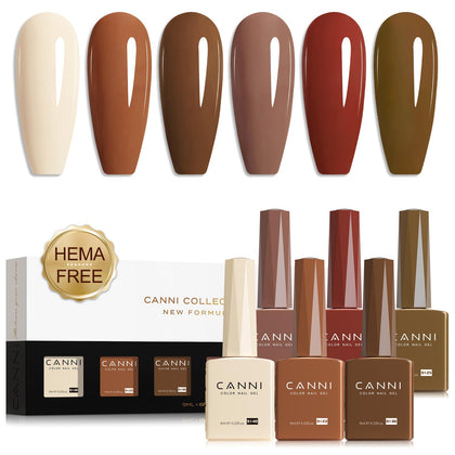 CANNI front packaging showing six brown nude gel bottles and benefits