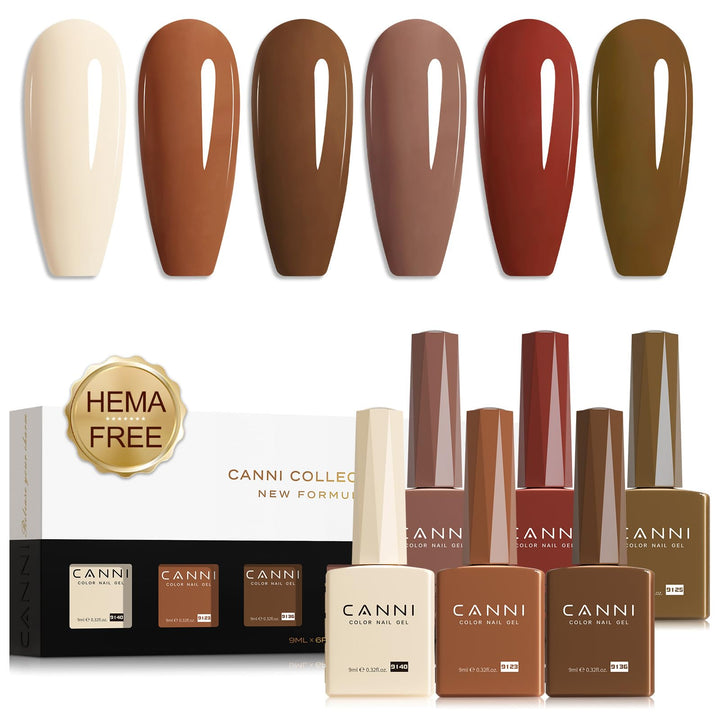 CANNI front packaging showing six brown nude gel bottles and benefits