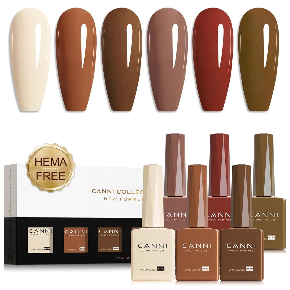 CANNI front packaging showing six brown nude gel bottles and benefits