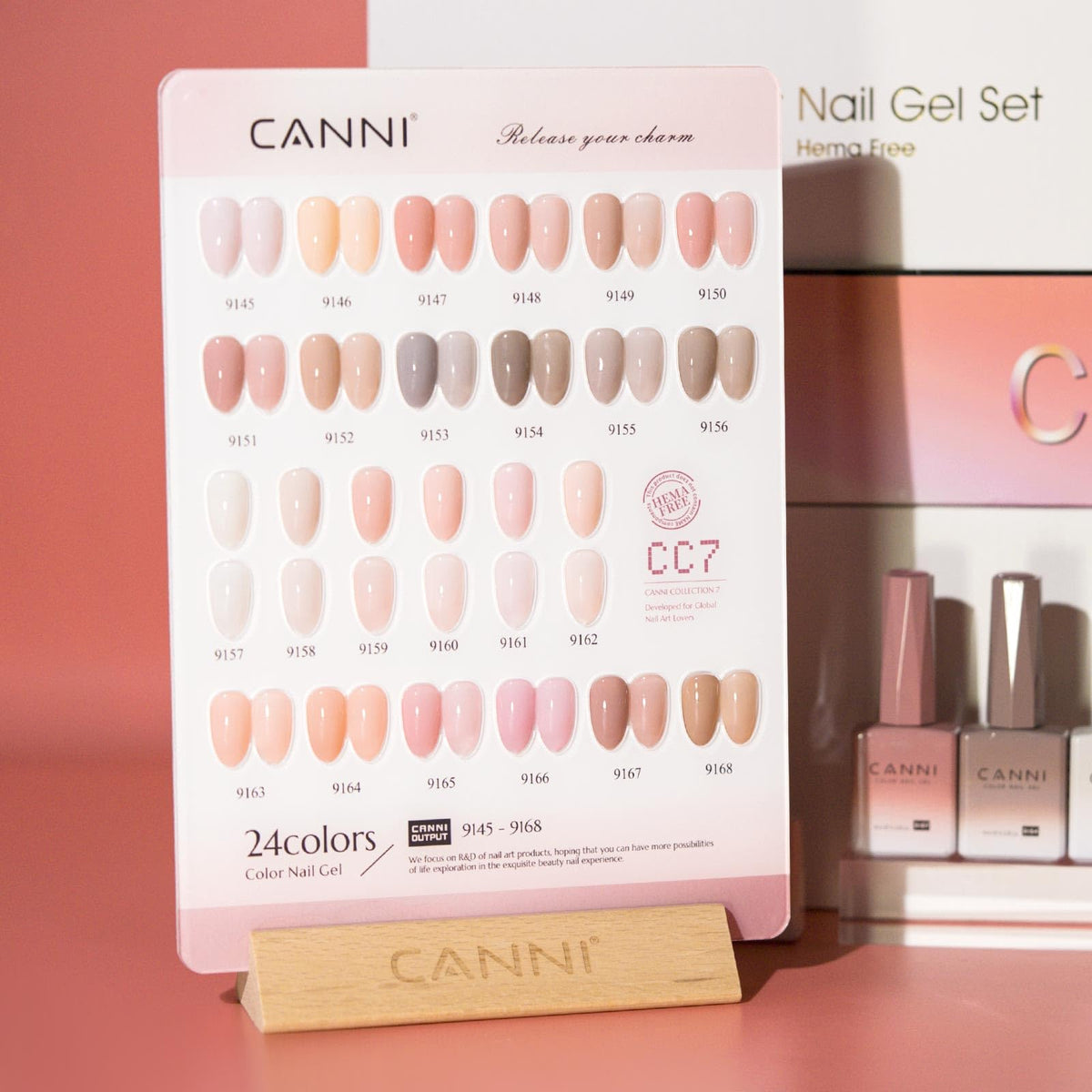 CANNI color bottles lined up showing true jelly nude pink shades and convenience