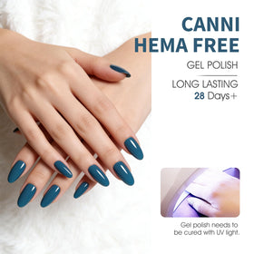 CANNI cured manicure on hands showcasing glossy finish and long-wear benefit