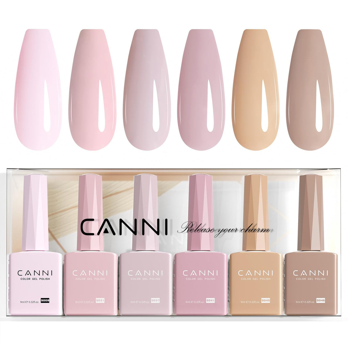 CANNI front packaging showing six nude pink bottles, easy shade selection benefit